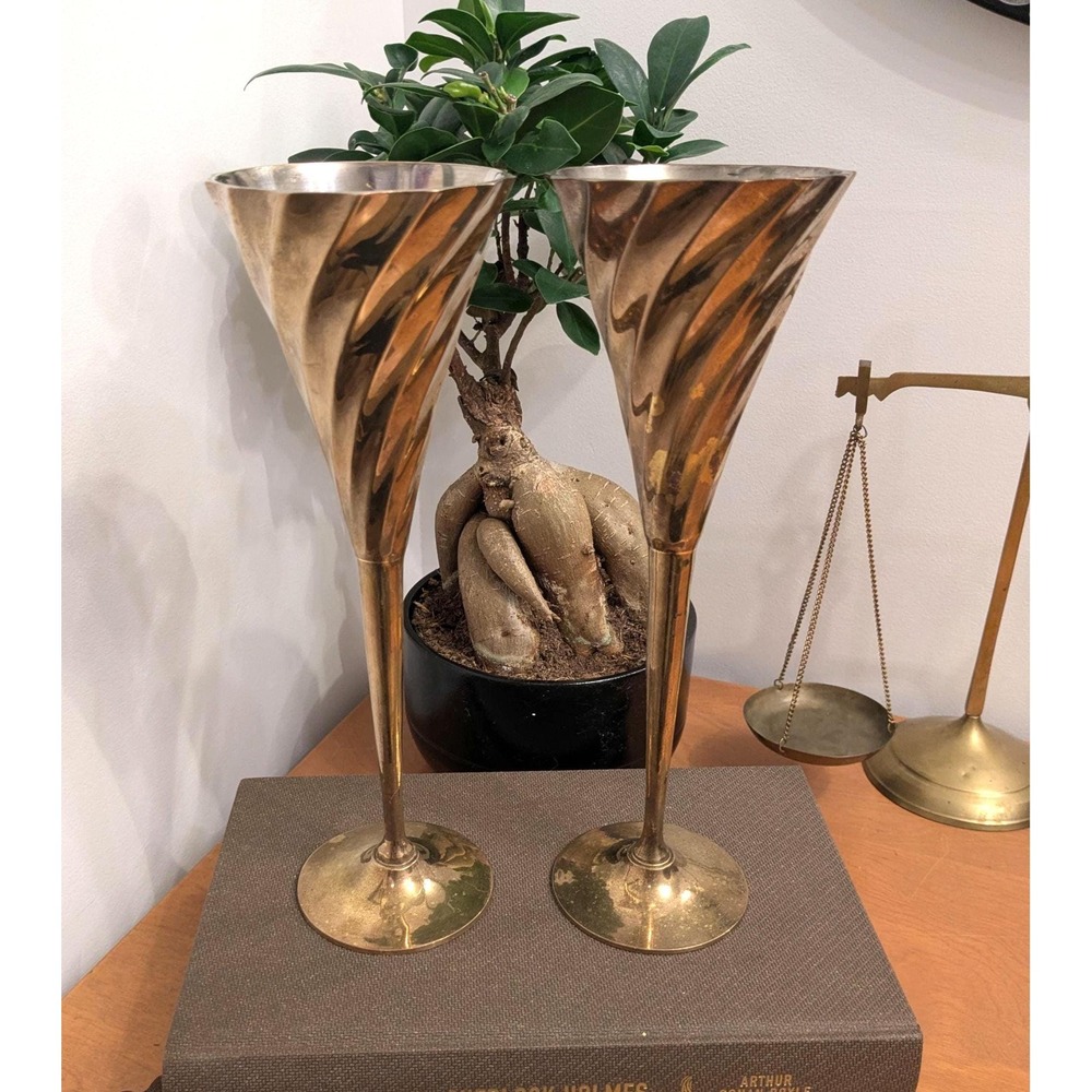 Vintage Brass Champagne Flutes Set of 2 – Mid Century Barware –Hollywood Regency